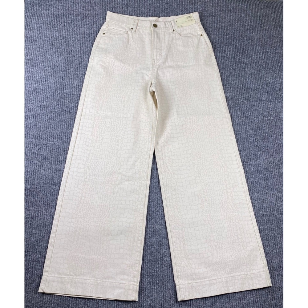 a.n.a Pants High Rise Wide Leg Womens 4 Ivory Croc Embossed Denim Boho Chic NEW